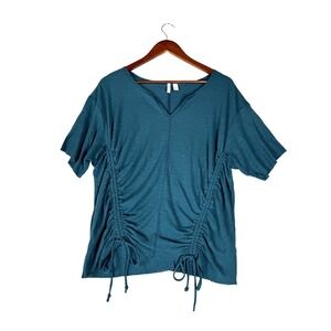 Cato Womens 18/20W Ruched Drawstring Top Plus Size Ribbed Knit Teal V-Neck